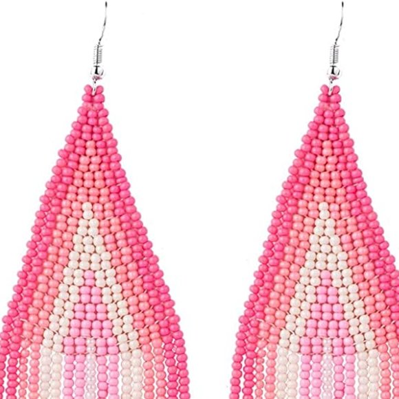 Long 4.5" Pink Striped Earrings Handmade Oversized Beaded Bohemian Seed Beads - Picture 2 of 4